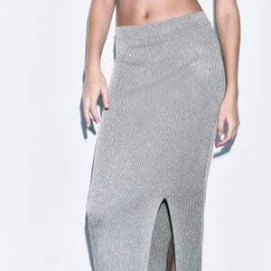 Zara Silver Metallic Thread Skirt (Set) Rib Knit